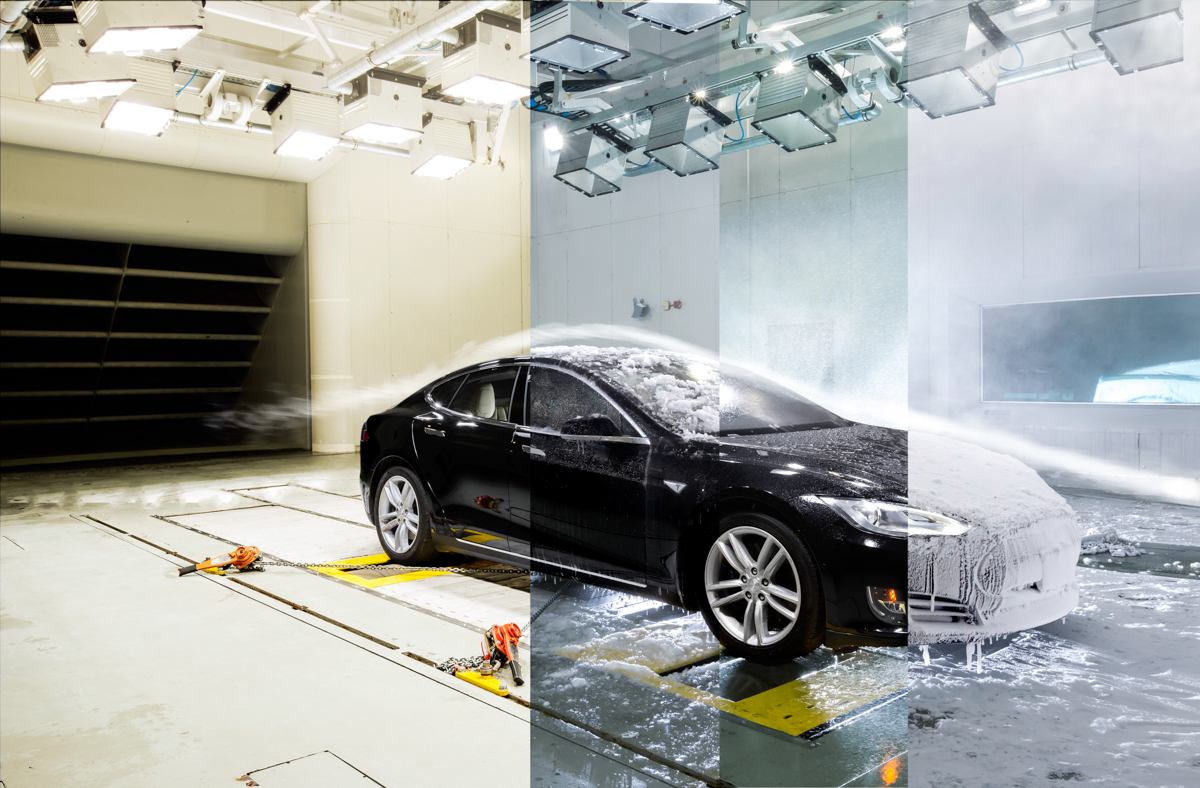 Vehicle in ACE's Climatic Wind Tunnel shown across dry, rain, snow and icing conditions.